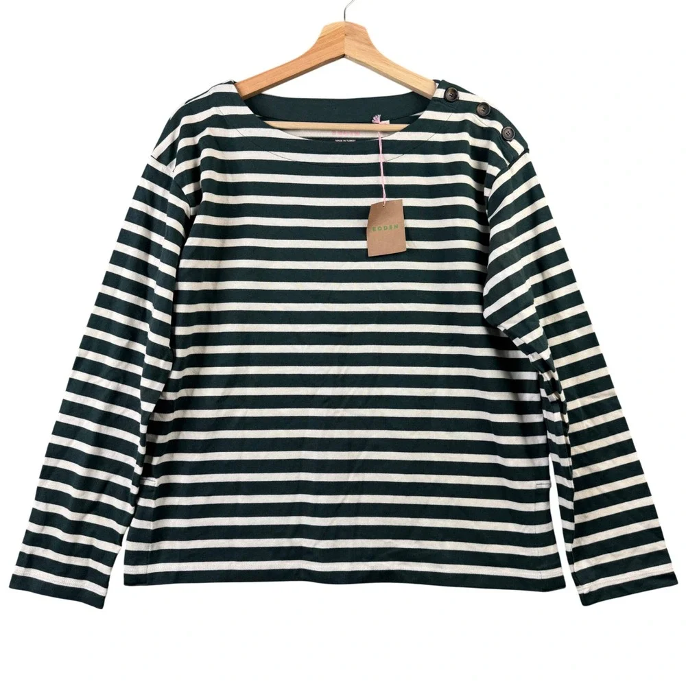 Boden Women's Dark Green and White Striped Long Sleeve Tee - Picture 1 of 9